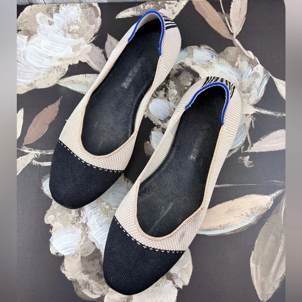 Rothy’s Cap Round Toe Ballet Flats in Black Camel Size 9.